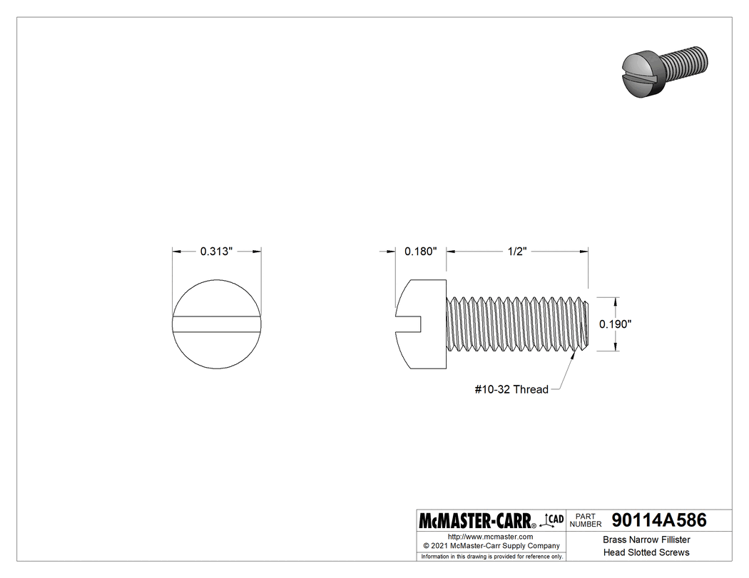 Technical Drawing of Brass Narrow Fillister Head Slotted Screws, High-Profile, 10-32 Thread, 1/2" Long.